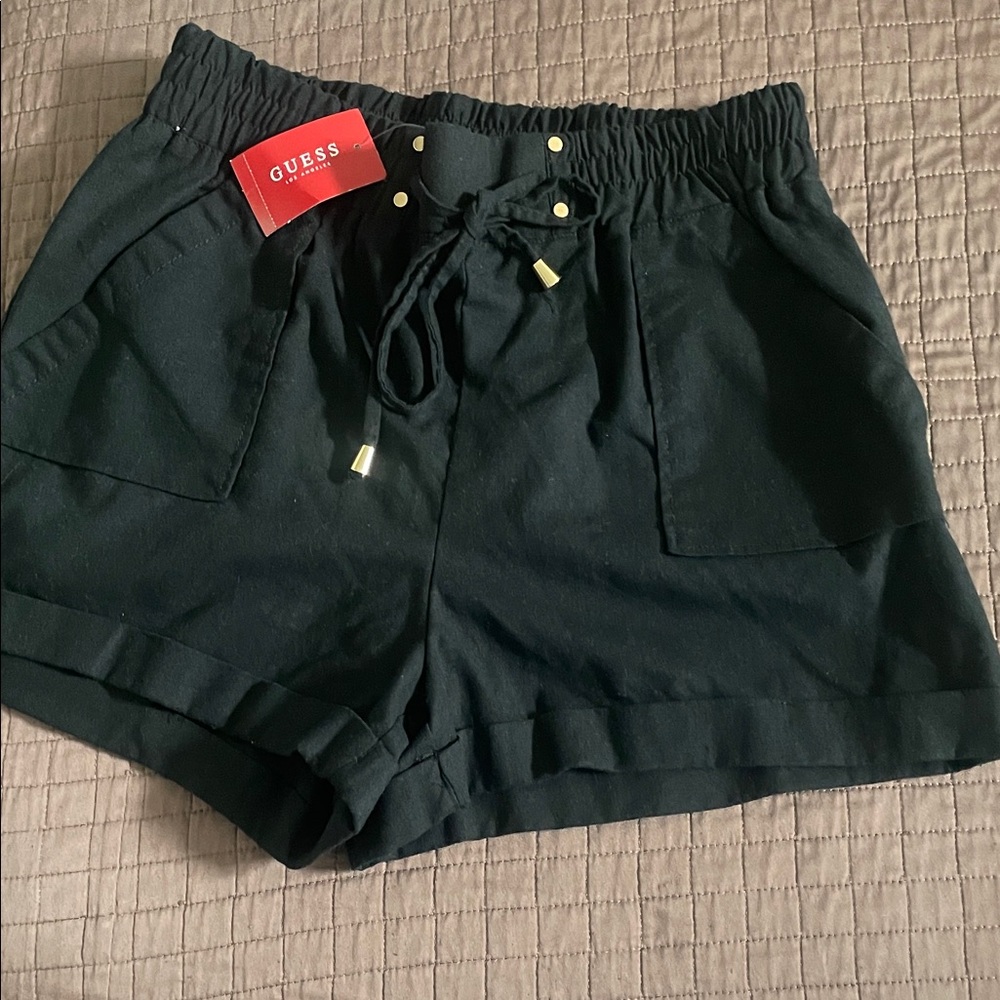GUESS Black High-Waist Drawstring Casual Shorts with Gold Accents